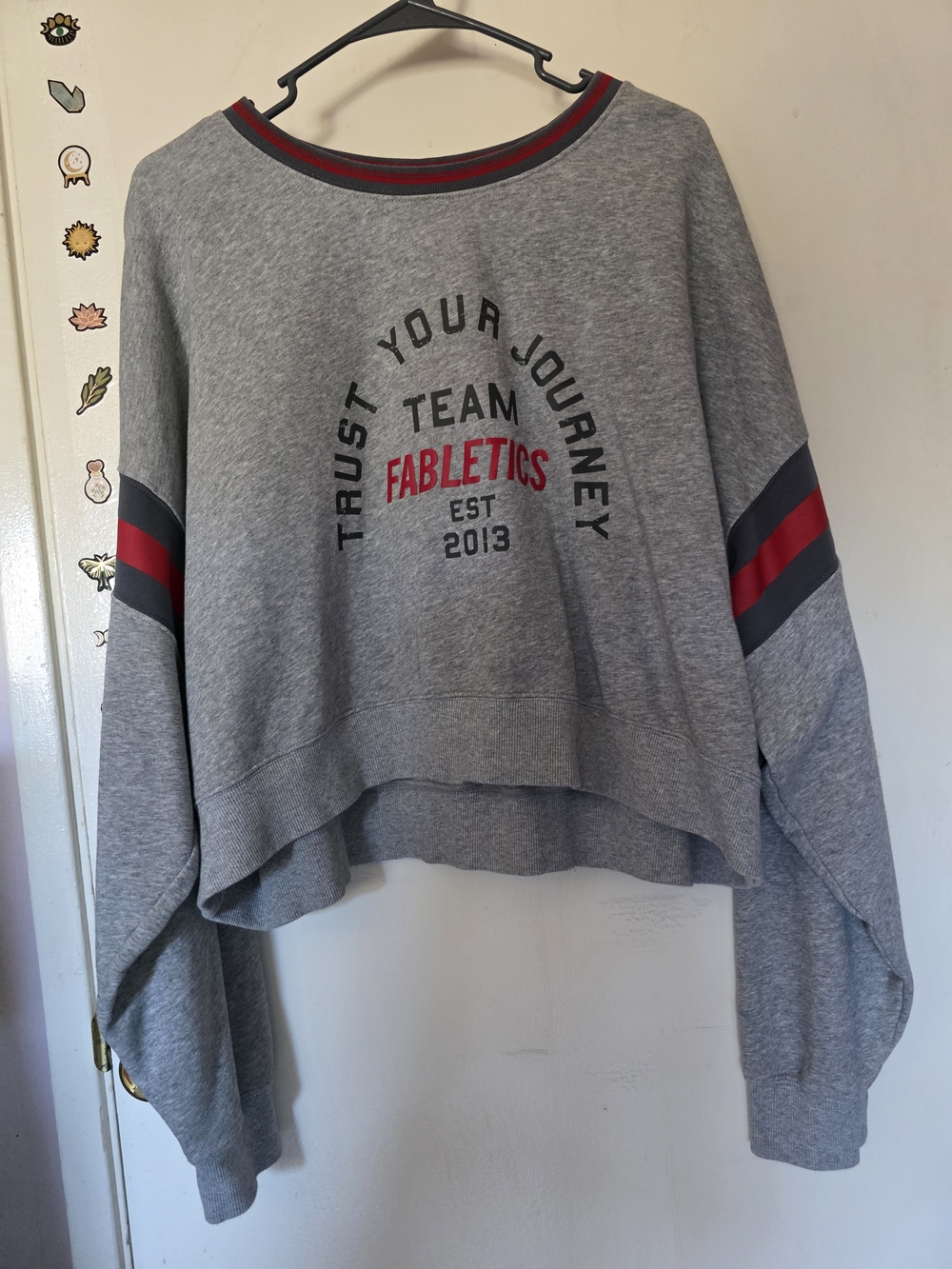 Fabletics Women's Gray Cropped Pullover Sweatshirt with Red Accent